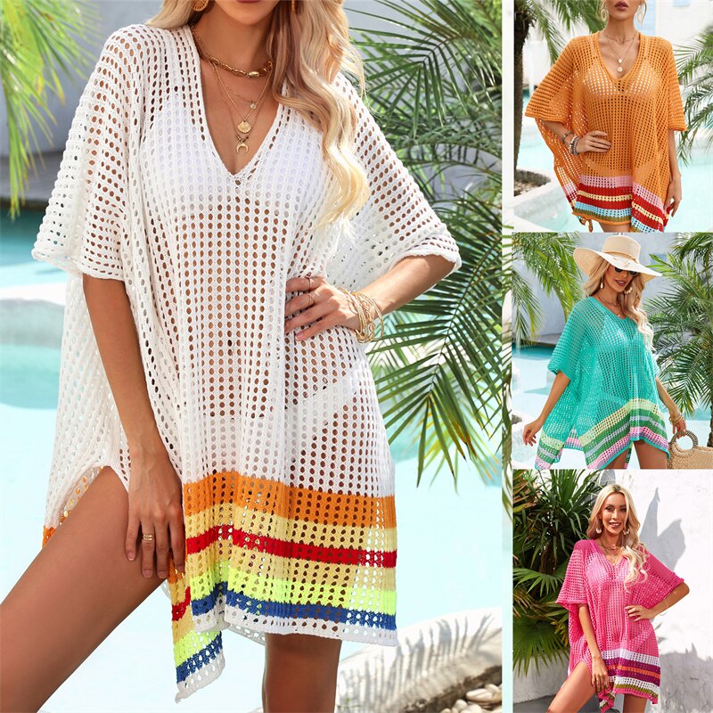 New Beach Cover Ups for Swimwear Stripped Beachwear - White Split Knit Pink Cover Up Summer Sun Dress on The Sea Cape
