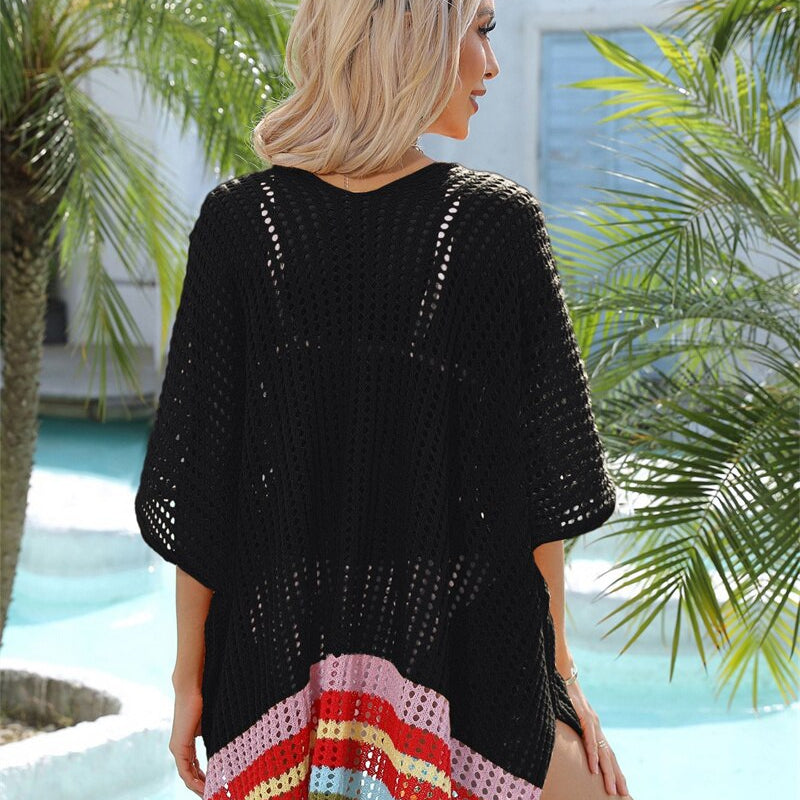 New Beach Cover Ups for Swimwear Stripped Beachwear - White Split Knit Pink Cover Up Summer Sun Dress on The Sea Cape