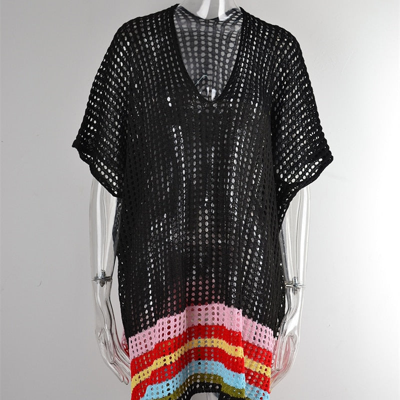 New Beach Cover Ups for Swimwear Stripped Beachwear - White Split Knit Pink Cover Up Summer Sun Dress on The Sea Cape