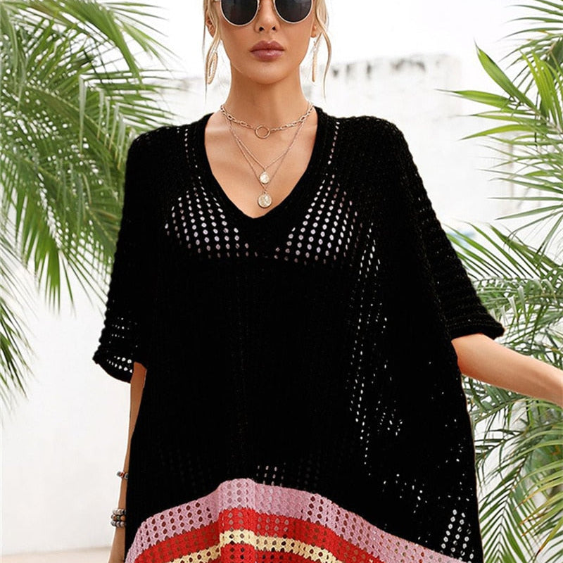 New Beach Cover Ups for Swimwear Stripped Beachwear - White Split Knit Pink Cover Up Summer Sun Dress on The Sea Cape color 3 One Size