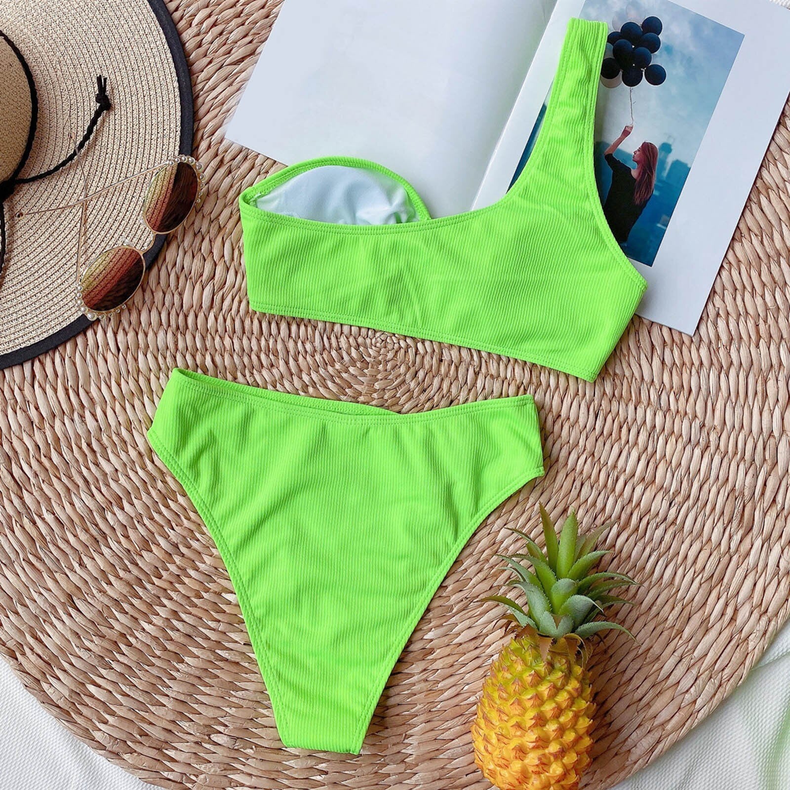 Beach Outfits Sexy One Shoulder Solid Bikini Separate Swimsuit