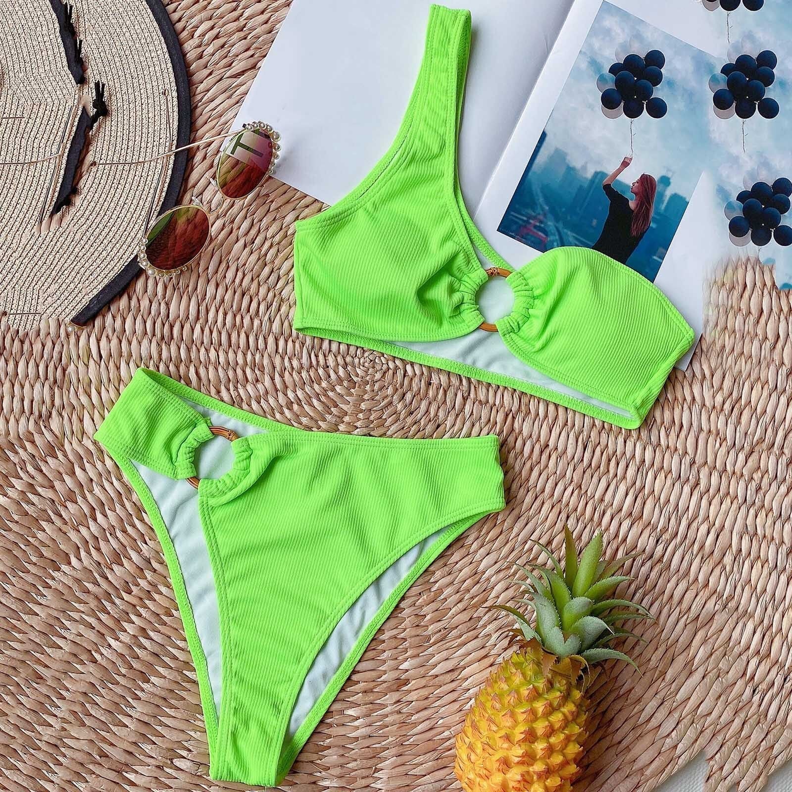 Beach Outfits Sexy One Shoulder Solid Bikini Separate Swimsuit