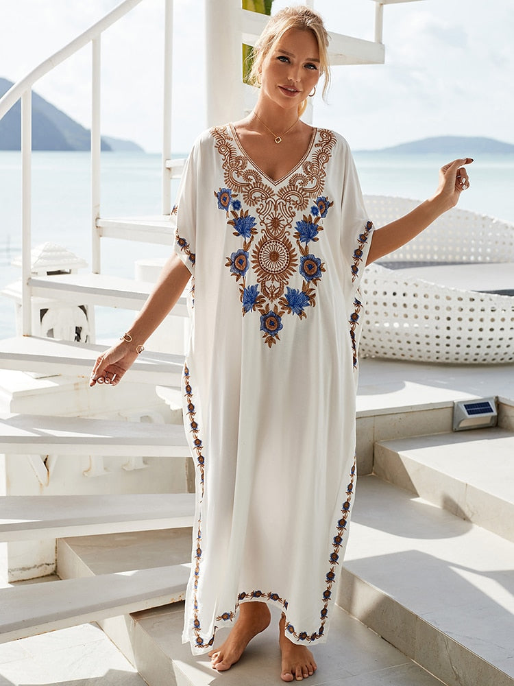 New Bohemian Dress Sold Embroidered Long Kaftan Pareos Maxi Dress Loose Beach Cover Up Robe Plage Color 01 One Size