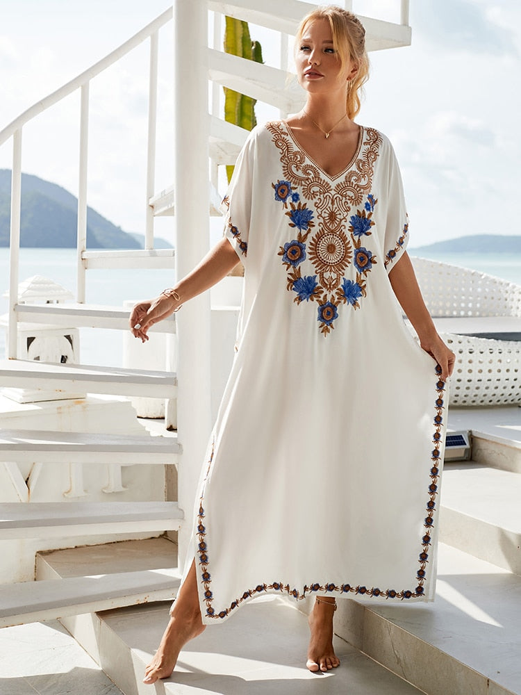 New Bohemian Dress Sold Embroidered Long Kaftan Pareos Maxi Dress Loose Beach Cover Up Robe Plage AMAIO