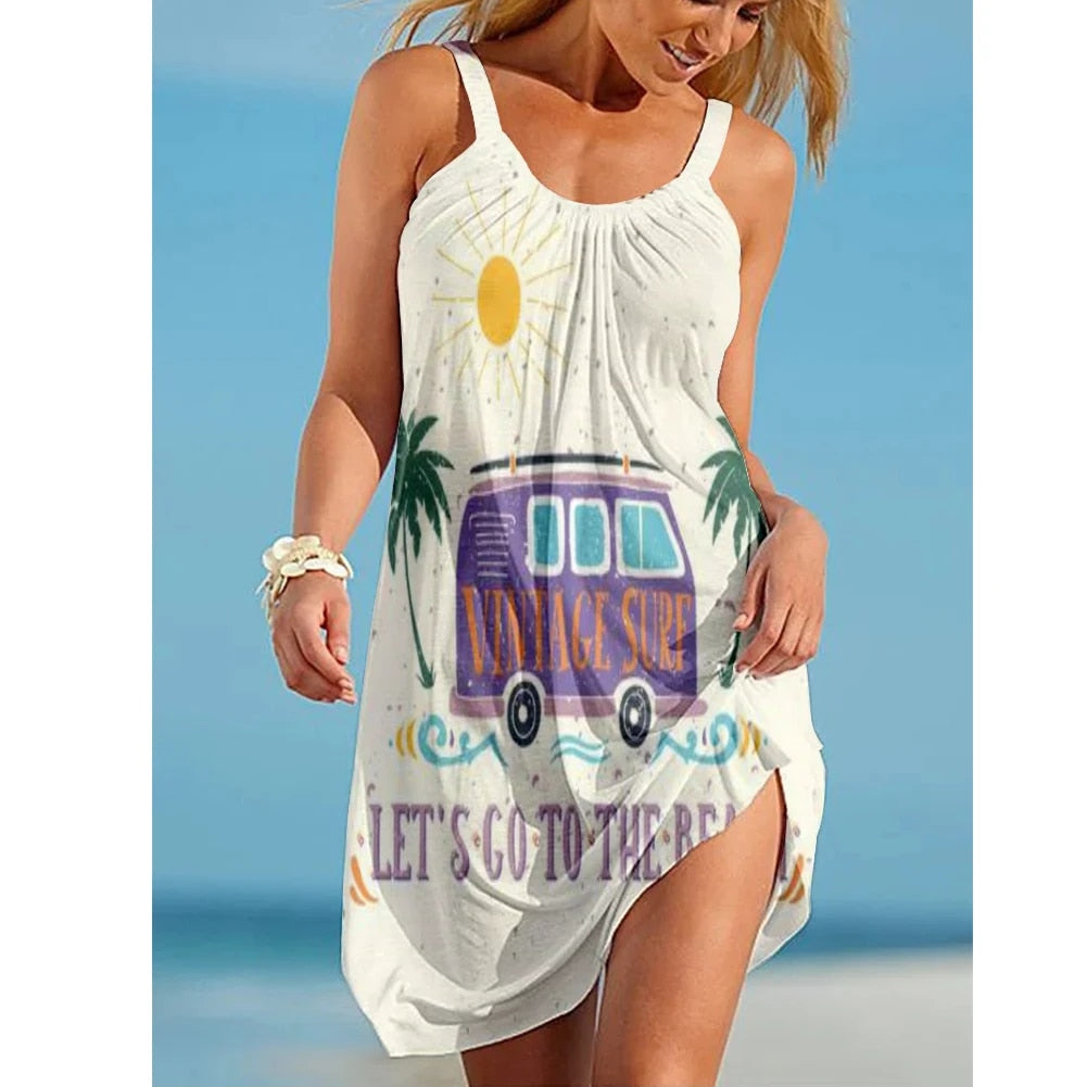 New Boho Nature Scenery Beach Dress Ship And Car Printing Shoulder Sleeveless Sundress Summer Holiday Beachwear AQDWS107883SJ3338