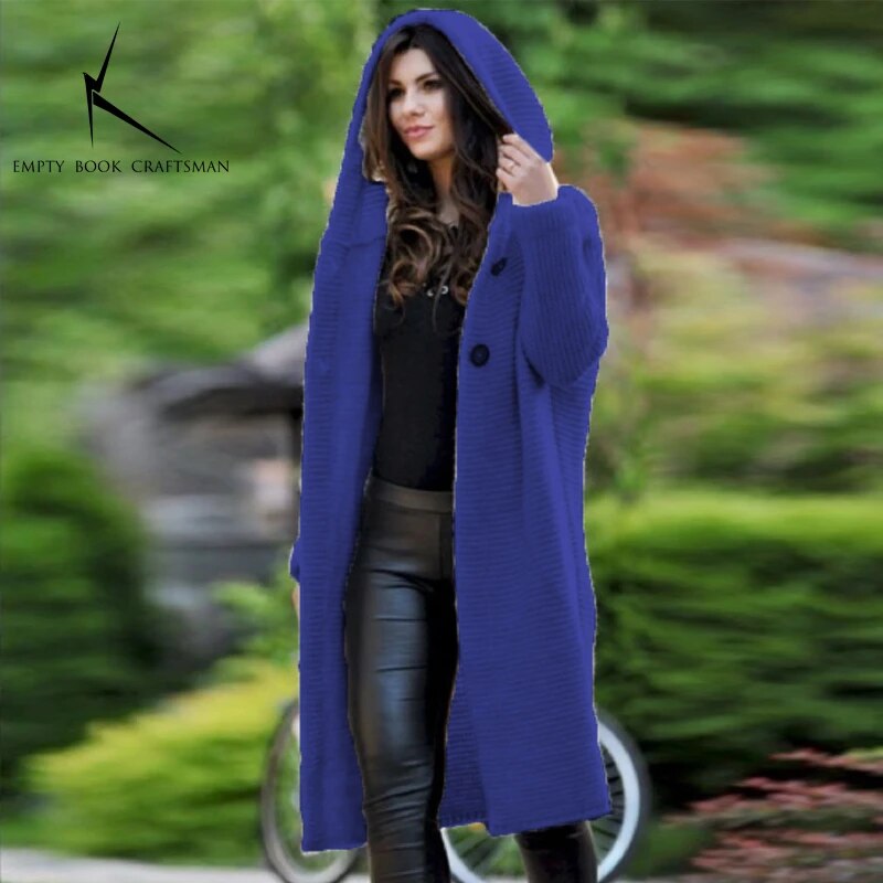 Cardigan in Autumn and Winter Women'sloose Long Sleeve Sweater Solid Color Knitted Long Thickened Top Blue