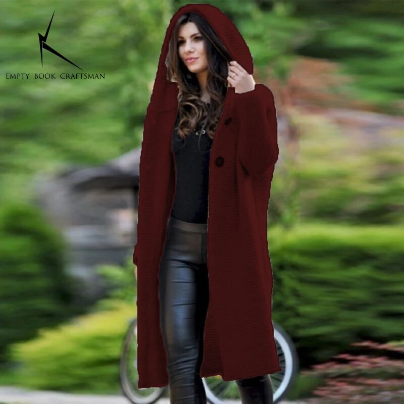 Cardigan in Autumn and Winter Women'sloose Long Sleeve Sweater Solid Color Knitted Long Thickened Top Burgundy