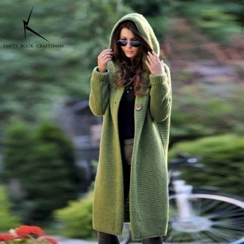 Cardigan in Autumn and Winter Women'sloose Long Sleeve Sweater Solid Color Knitted Long Thickened Top Green