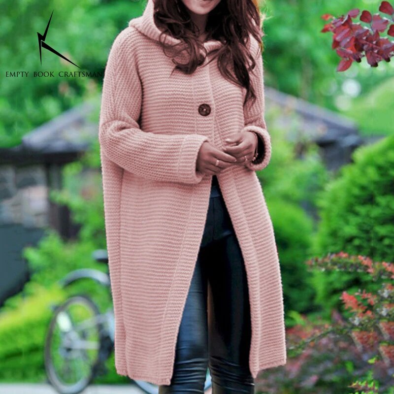 Cardigan in Autumn and Winter Women'sloose Long Sleeve Sweater Solid Color Knitted Long Thickened Top Pink