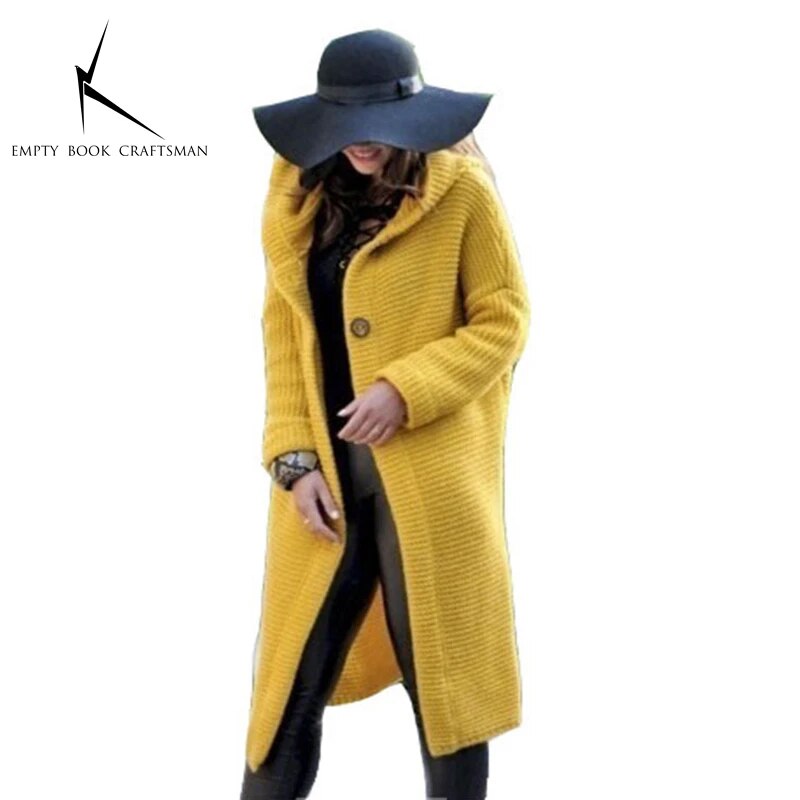 Cardigan in Autumn and Winter Women'sloose Long Sleeve Sweater Solid Color Knitted Long Thickened Top Gold