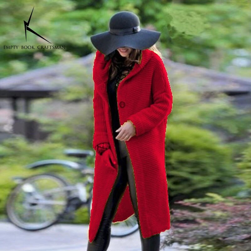 Cardigan in Autumn and Winter Women'sloose Long Sleeve Sweater Solid Color Knitted Long Thickened Top Red