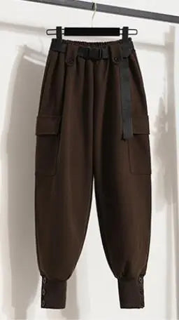 New Casual Women's Tracksuit 3 Piece Set Loose Knit Pullover Sweater + Cargo Pants Sets with Belt + Down Cotton Vest Suit Y2k Coffee Pants Only