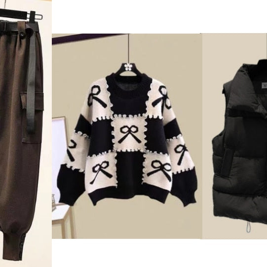 New Casual Women's Tracksuit 3 Piece Set Loose Knit Pullover Sweater + Cargo Pants Sets with Belt + Down Cotton Vest Suit Y2k 3 piece set 7