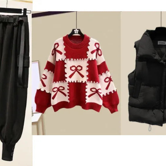 New Casual Women's Tracksuit 3 Piece Set Loose Knit Pullover Sweater + Cargo Pants Sets with Belt + Down Cotton Vest Suit Y2k 3 piece set 4