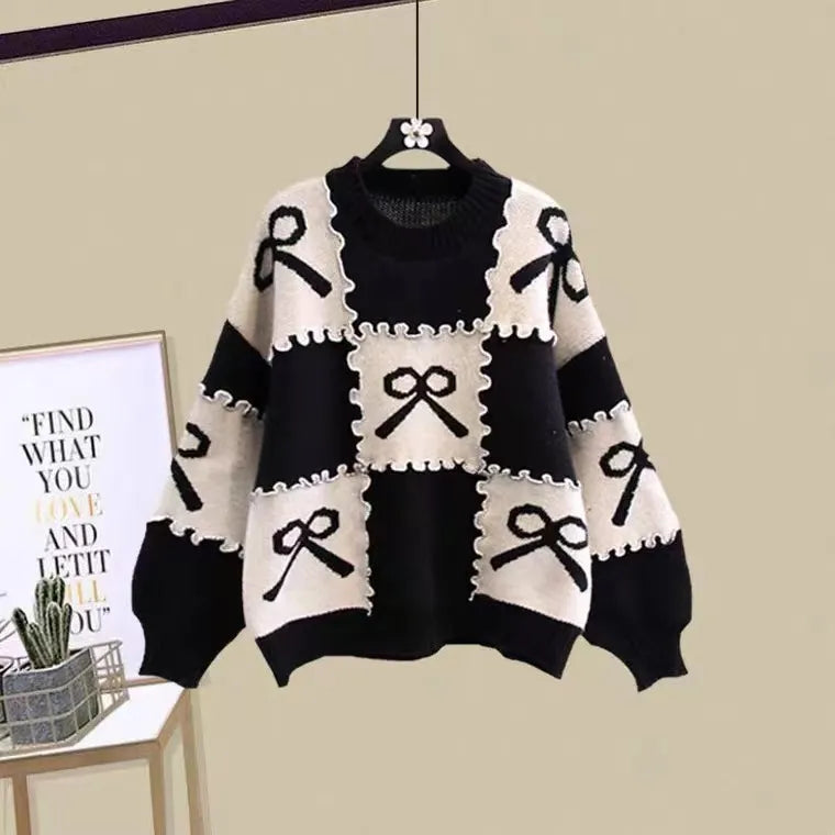 New Casual Women's Tracksuit 3 Piece Set Loose Knit Pullover Sweater + Cargo Pants Sets with Belt + Down Cotton Vest Suit Y2k Black Sweater Only