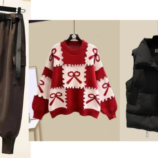 New Casual Women's Tracksuit 3 Piece Set Loose Knit Pullover Sweater + Cargo Pants Sets with Belt + Down Cotton Vest Suit Y2k 3 piece set 8