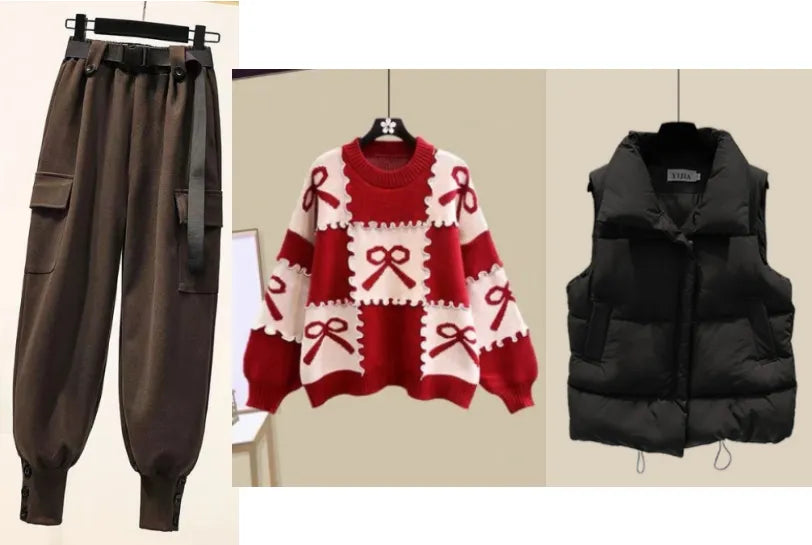 New Casual Women's Tracksuit 3 Piece Set Loose Knit Pullover Sweater + Cargo Pants Sets with Belt + Down Cotton Vest Suit Y2k 3 piece set 8