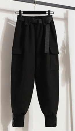 New Casual Women's Tracksuit 3 Piece Set Loose Knit Pullover Sweater + Cargo Pants Sets with Belt + Down Cotton Vest Suit Y2k Black Pants Only