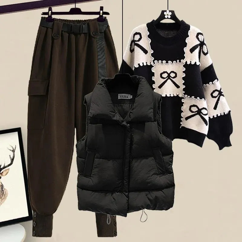 New Casual Women's Tracksuit 3 Piece Set Loose Knit Pullover Sweater + Cargo Pants Sets with Belt + Down Cotton Vest Suit Y2k