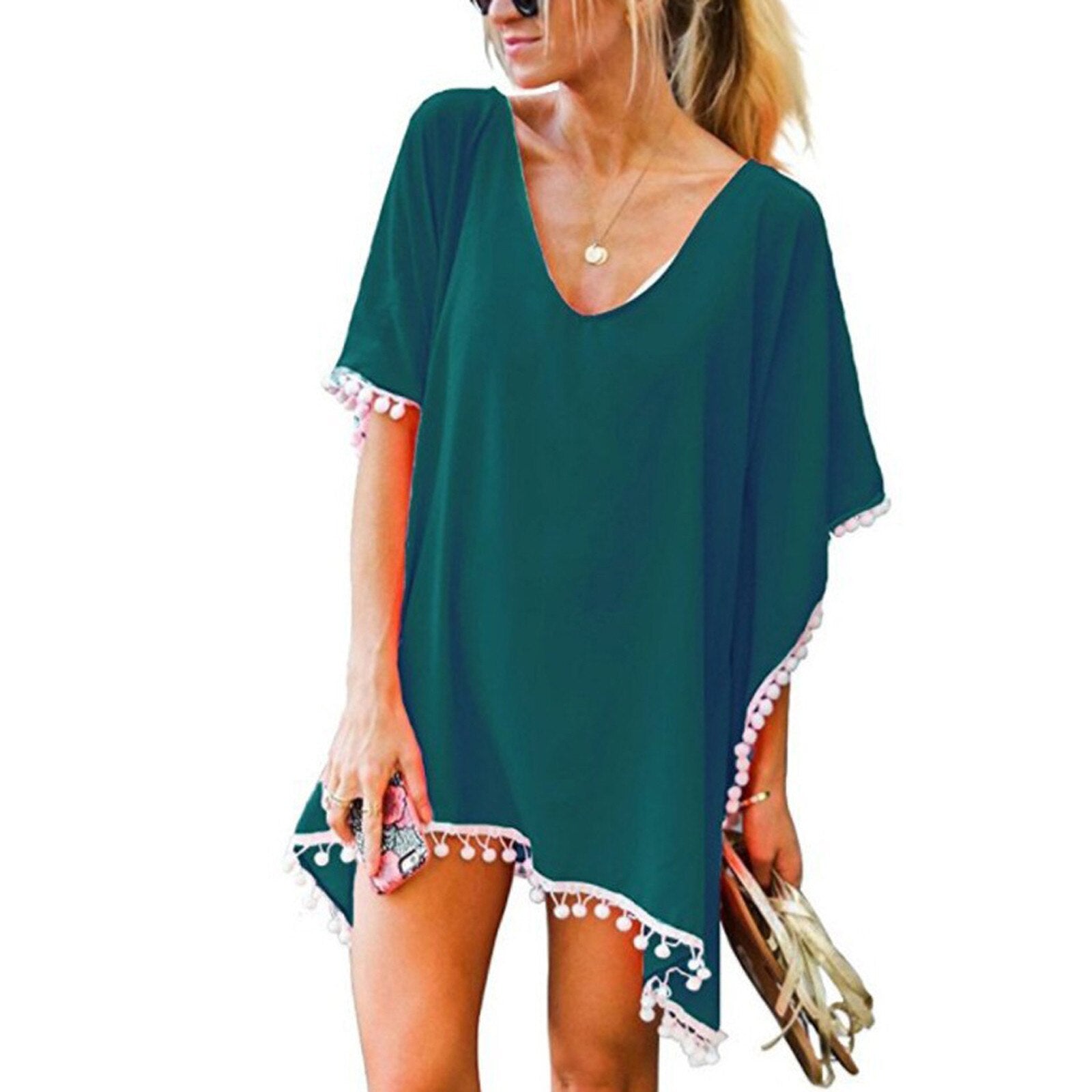 New Chiffon Tassels Beach Wear Swimsuit Cover Up Swimwear Bathing Suits Summer Cover-Ups Loose Solid Pareo Cover Ups Green