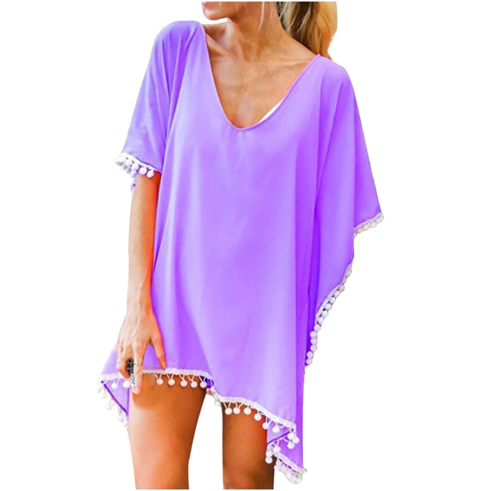 New Chiffon Tassels Beach Wear Swimsuit Cover Up Swimwear Bathing Suits Summer Cover-Ups Loose Solid Pareo Cover Ups Purple
