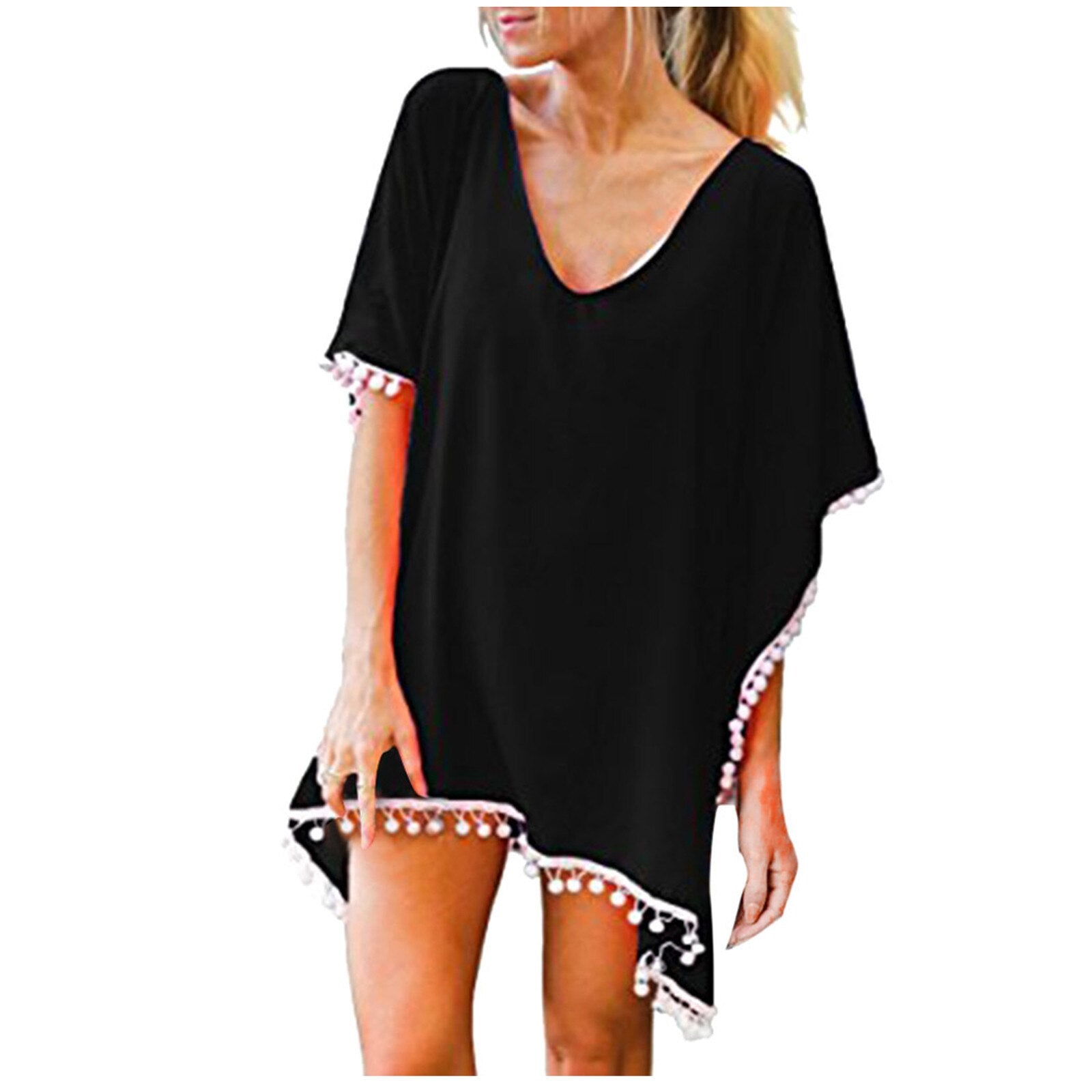 New Chiffon Tassels Beach Wear Swimsuit Cover Up Swimwear Bathing Suits Summer Cover-Ups Loose Solid Pareo Cover Ups Black