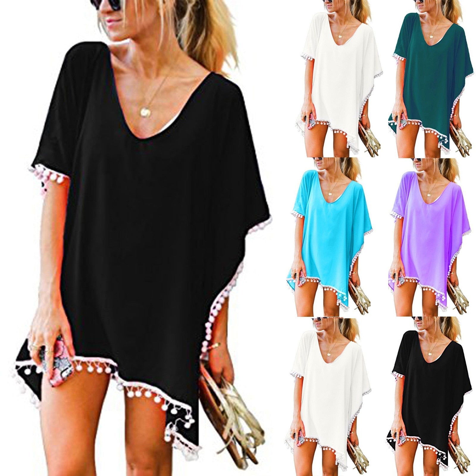 New Chiffon Tassels Beach Wear Swimsuit Cover Up Swimwear Bathing Suits Summer Cover-Ups Loose Solid Pareo Cover Ups AMAIO