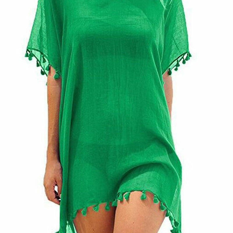 Chiffon Tassels Beach Wear Swimsuit Cover Up Swimwear Bathing Suits Summer Mini Dress Loose Solid Pareo Cover Ups Green