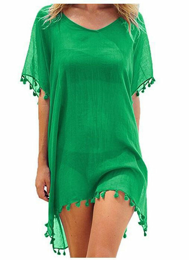 Chiffon Tassels Beach Wear Swimsuit Cover Up Swimwear Bathing Suits Summer Mini Dress Loose Solid Pareo Cover Ups Green