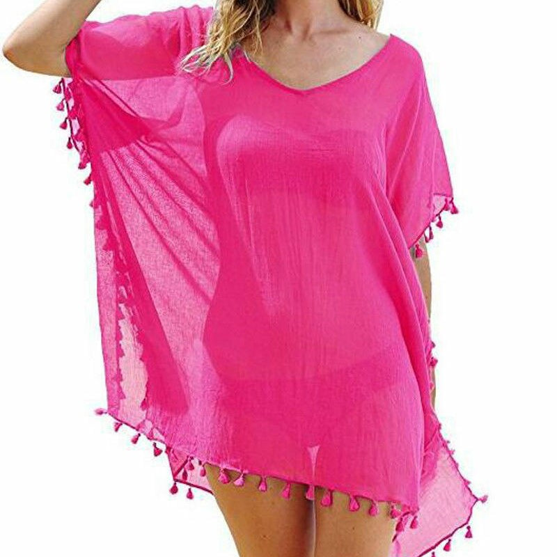 Chiffon Tassels Beach Wear Swimsuit Cover Up Swimwear Bathing Suits Summer Mini Dress Loose Solid Pareo Cover Ups Pink