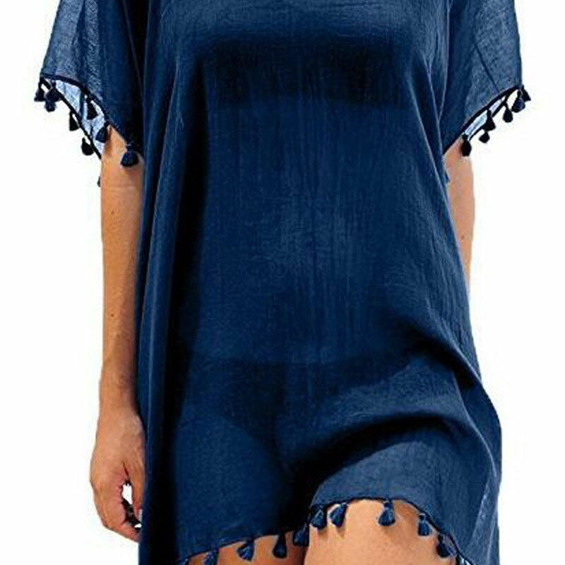 Chiffon Tassels Beach Wear Swimsuit Cover Up Swimwear Bathing Suits Summer Mini Dress Loose Solid Pareo Cover Ups navy