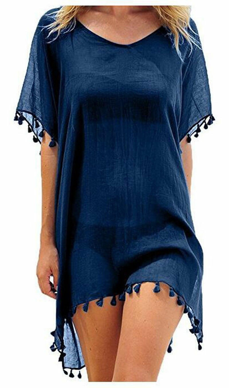 Chiffon Tassels Beach Wear Swimsuit Cover Up Swimwear Bathing Suits Summer Mini Dress Loose Solid Pareo Cover Ups navy