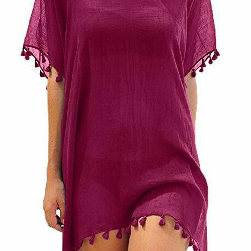 Chiffon Tassels Beach Wear Swimsuit Cover Up Swimwear Bathing Suits Summer Mini Dress Loose Solid Pareo Cover Ups Purplish red