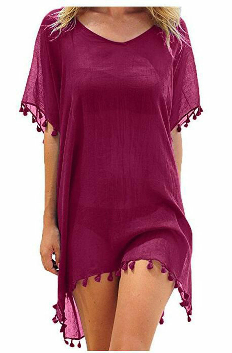 Chiffon Tassels Beach Wear Swimsuit Cover Up Swimwear Bathing Suits Summer Mini Dress Loose Solid Pareo Cover Ups Purplish red