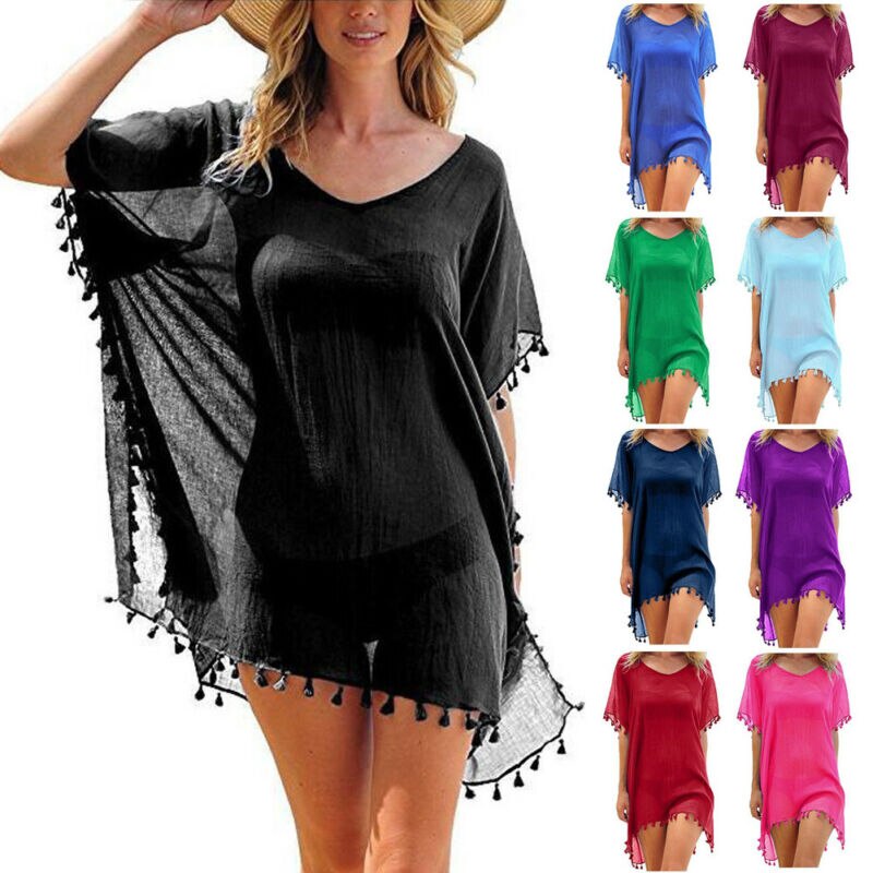 Chiffon Tassels Beach Wear Swimsuit Cover Up Swimwear Bathing Suits Summer Mini Dress Loose Solid Pareo Cover Ups