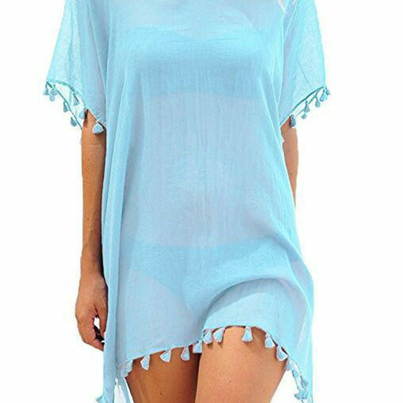 Chiffon Tassels Beach Wear Swimsuit Cover Up Swimwear Bathing Suits Summer Mini Dress Loose Solid Pareo Cover Ups Sky Blue