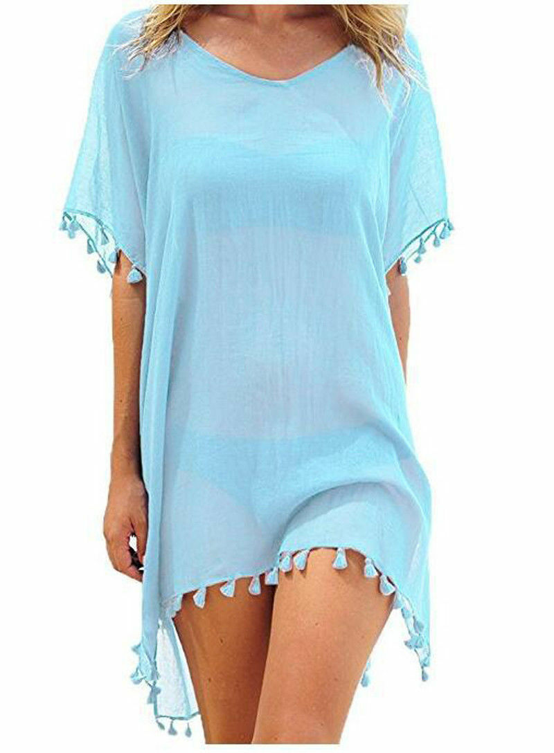 Chiffon Tassels Beach Wear Swimsuit Cover Up Swimwear Bathing Suits Summer Mini Dress Loose Solid Pareo Cover Ups Sky Blue