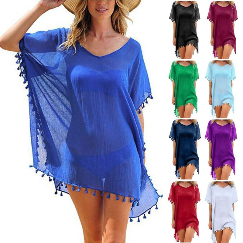 Chiffon Tassels Beach Wear Swimsuit Cover Up Swimwear Bathing Suits Summer Mini Dress Loose Solid Pareo Cover Ups