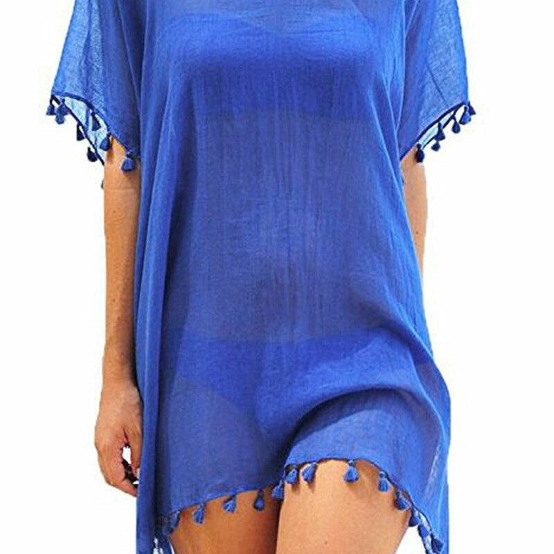 Chiffon Tassels Beach Wear Swimsuit Cover Up Swimwear Bathing Suits Summer Mini Dress Loose Solid Pareo Cover Ups Blue
