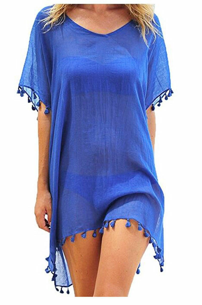 Chiffon Tassels Beach Wear Swimsuit Cover Up Swimwear Bathing Suits Summer Mini Dress Loose Solid Pareo Cover Ups Blue