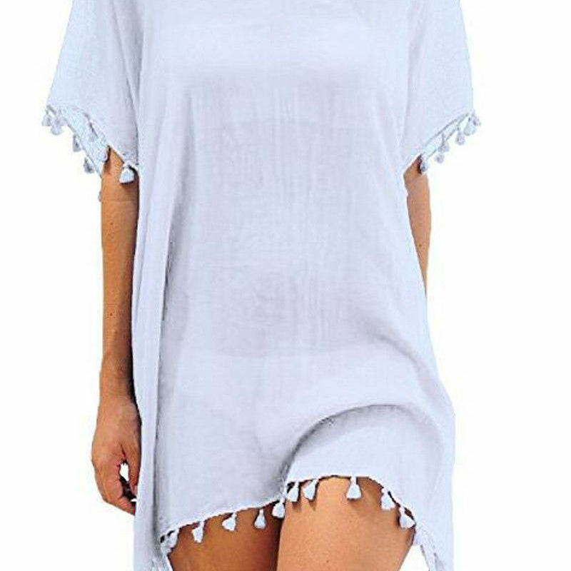 Chiffon Tassels Beach Wear Swimsuit Cover Up Swimwear Bathing Suits Summer Mini Dress Loose Solid Pareo Cover Ups White
