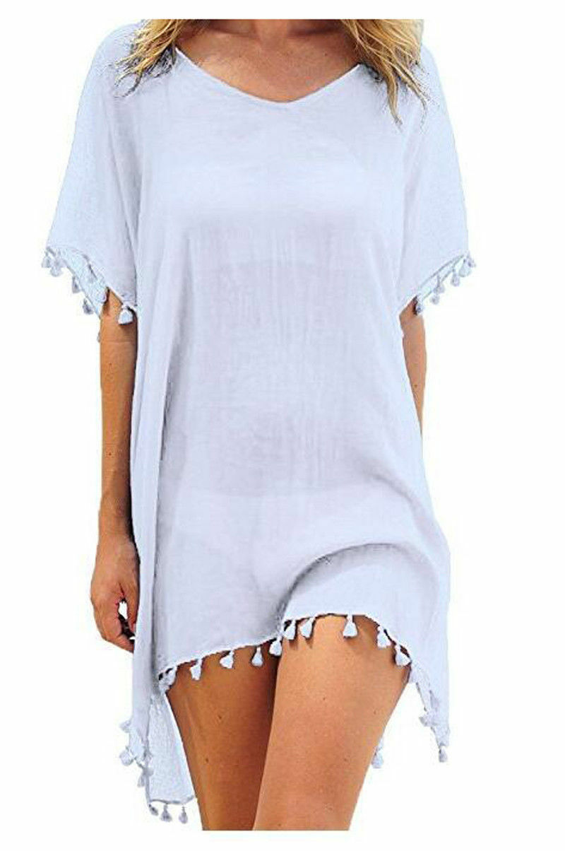 Chiffon Tassels Beach Wear Swimsuit Cover Up Swimwear Bathing Suits Summer Mini Dress Loose Solid Pareo Cover Ups White