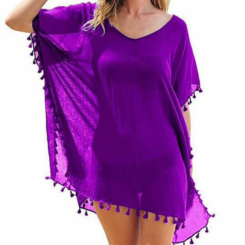 Chiffon Tassels Beach Wear Swimsuit Cover Up Swimwear Bathing Suits Summer Mini Dress Loose Solid Pareo Cover Ups Purple