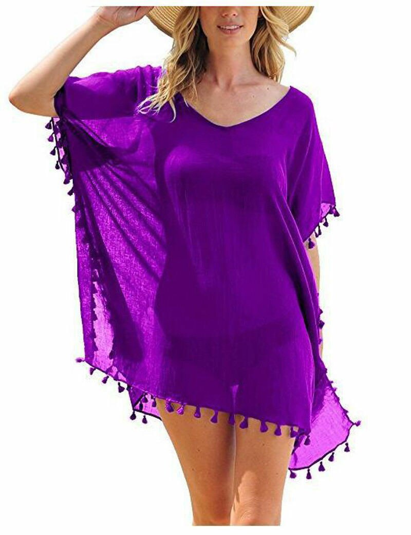 Chiffon Tassels Beach Wear Swimsuit Cover Up Swimwear Bathing Suits Summer Mini Dress Loose Solid Pareo Cover Ups Purple