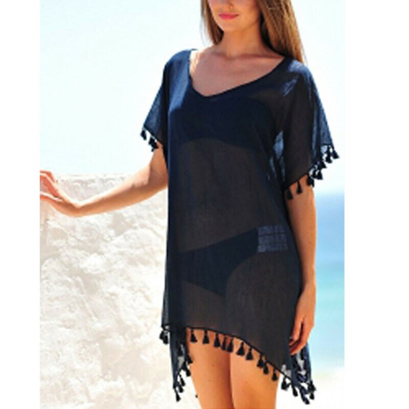 Chiffon Tassels Beach Wear Swimsuit Cover Up Swimwear Bathing Suits Summer Mini Dress Loose Solid Pareo Cover Ups