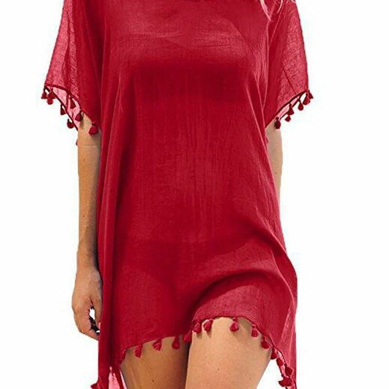 Chiffon Tassels Beach Wear Swimsuit Cover Up Swimwear Bathing Suits Summer Mini Dress Loose Solid Pareo Cover Ups Red