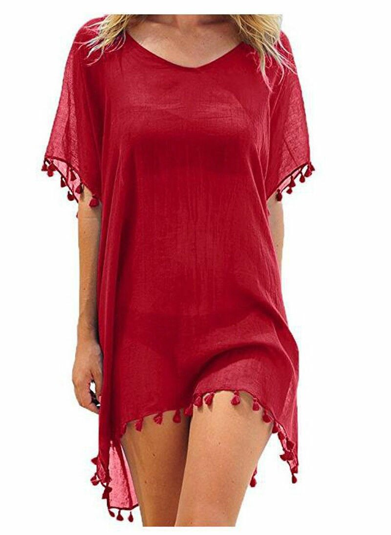 Chiffon Tassels Beach Wear Swimsuit Cover Up Swimwear Bathing Suits Summer Mini Dress Loose Solid Pareo Cover Ups Red