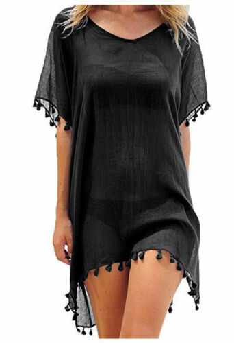Chiffon Tassels Beach Wear Swimsuit Cover Up Swimwear Bathing Suits Summer Mini Dress Loose Solid Pareo Cover Ups Black