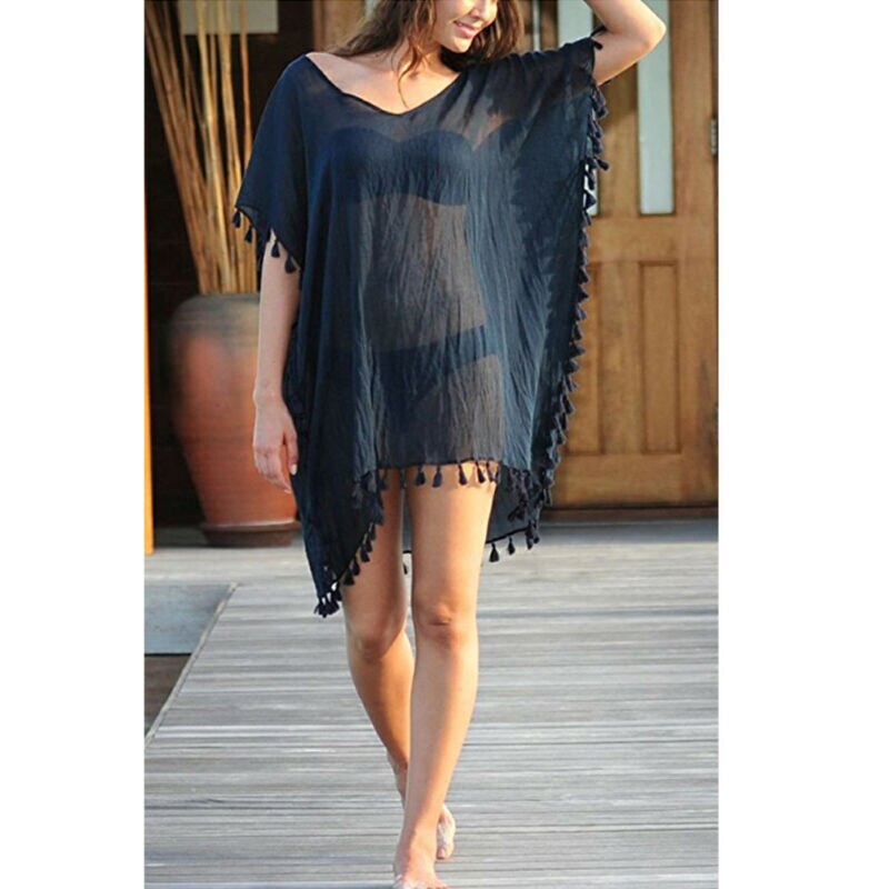 Chiffon Tassels Beach Wear Swimsuit Cover Up Swimwear Bathing Suits Summer Mini Dress Loose Solid Pareo Cover Ups