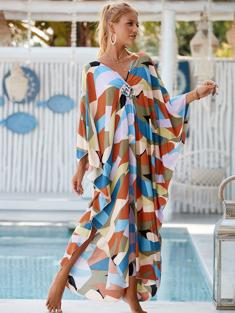 New Cover-up Over size Print Bohemian Maxi Dress Summer Swimsuit Cover Up Color-28(Rayon) One Size